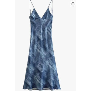 Zara Denim Print Bias Cut Spaghetti Strap Slip Dress M